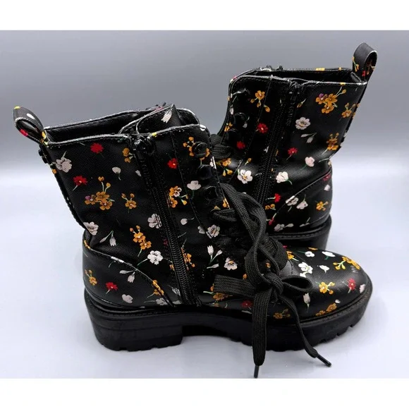 Guess Fearne Womens Black Floral Combat Boots Side Zip Lug Sole GWFEARNE Size 6M - Picture 10 of 15